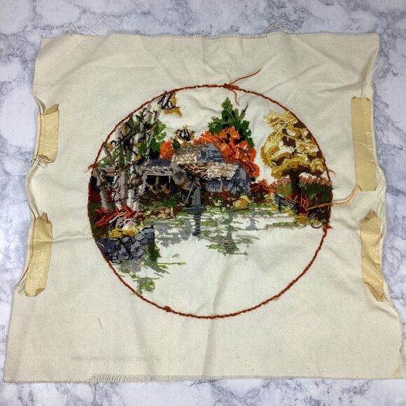 Vintage Mabry Mill Fall Autumn Needlepoint Tapestry Fabric Panel 19" x 20" - Picture 3 of 7